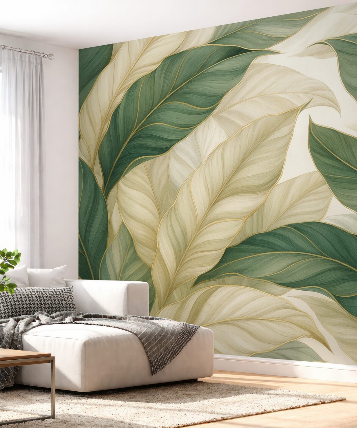 Fototapeta Tropikalne zielone liście na tle szarym i białym.