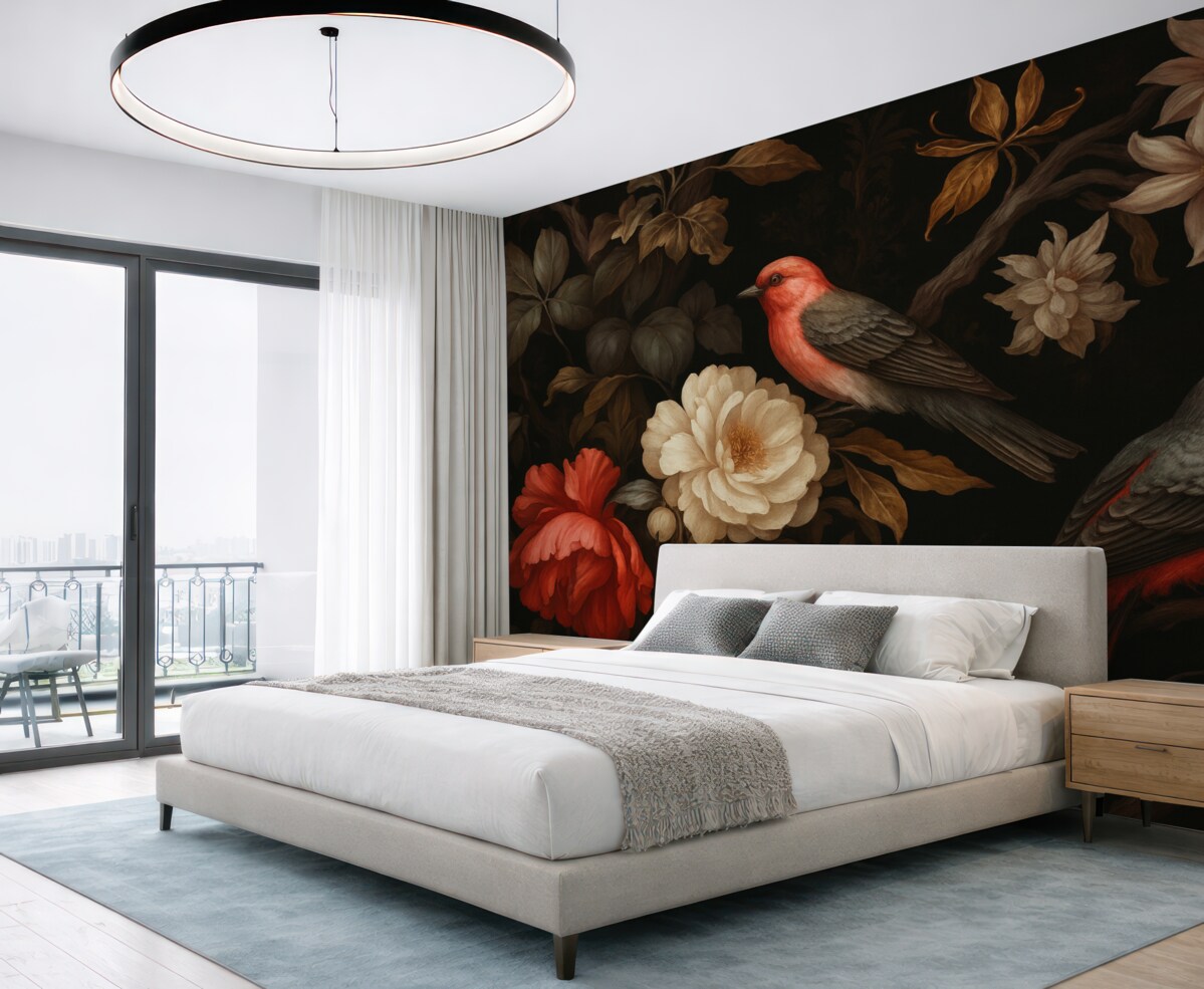 Fototapeta Ptaki i rośliny w ciemnych odcieniach.