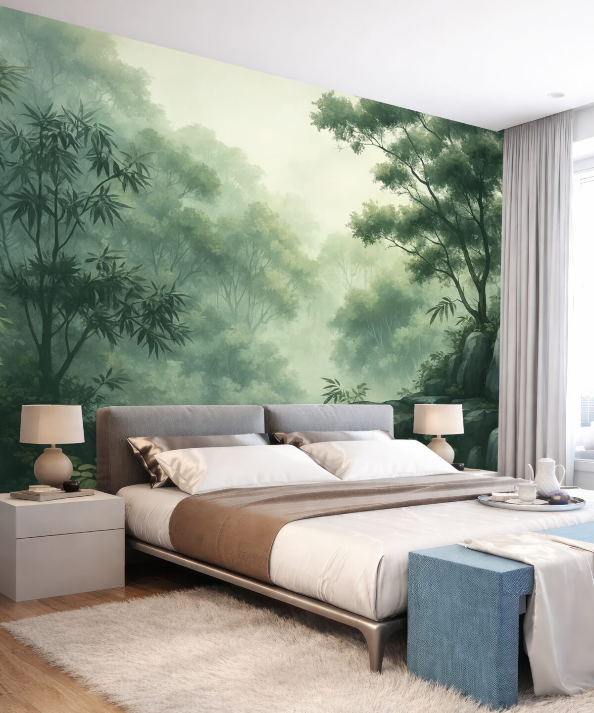 Fototapeta Wschodni pejzaż, dżungla, drzewa, technika akwareli, odcienie zieleni.