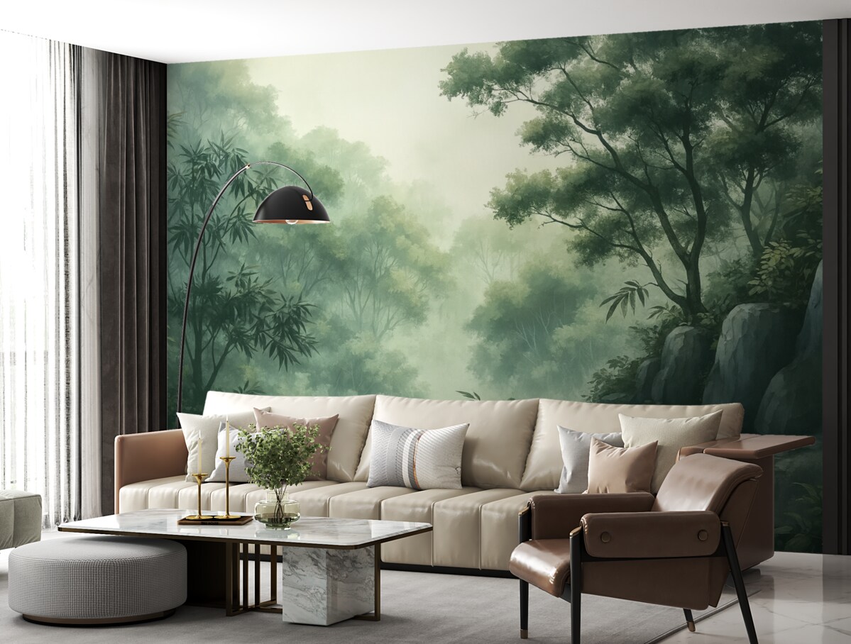 Fototapeta Wschodni pejzaż, dżungla, drzewa, technika akwareli, odcienie zieleni.