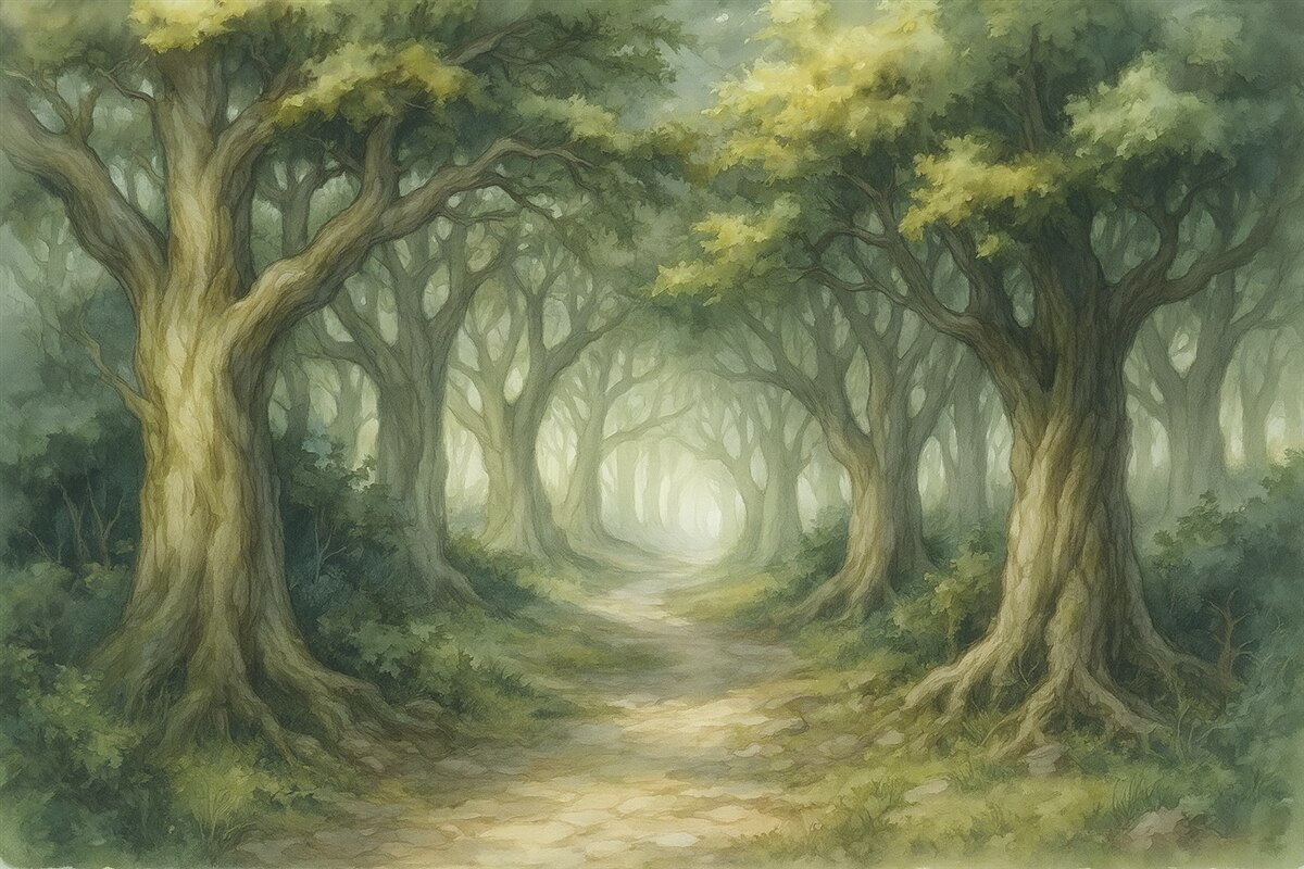 Fototapeta Las z wysokimi drzewami, zielona paleta, obraz w stylu akwareli.