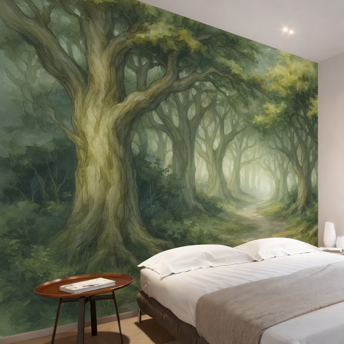 Fototapeta Las z wysokimi drzewami, zielona paleta, obraz w stylu akwareli.