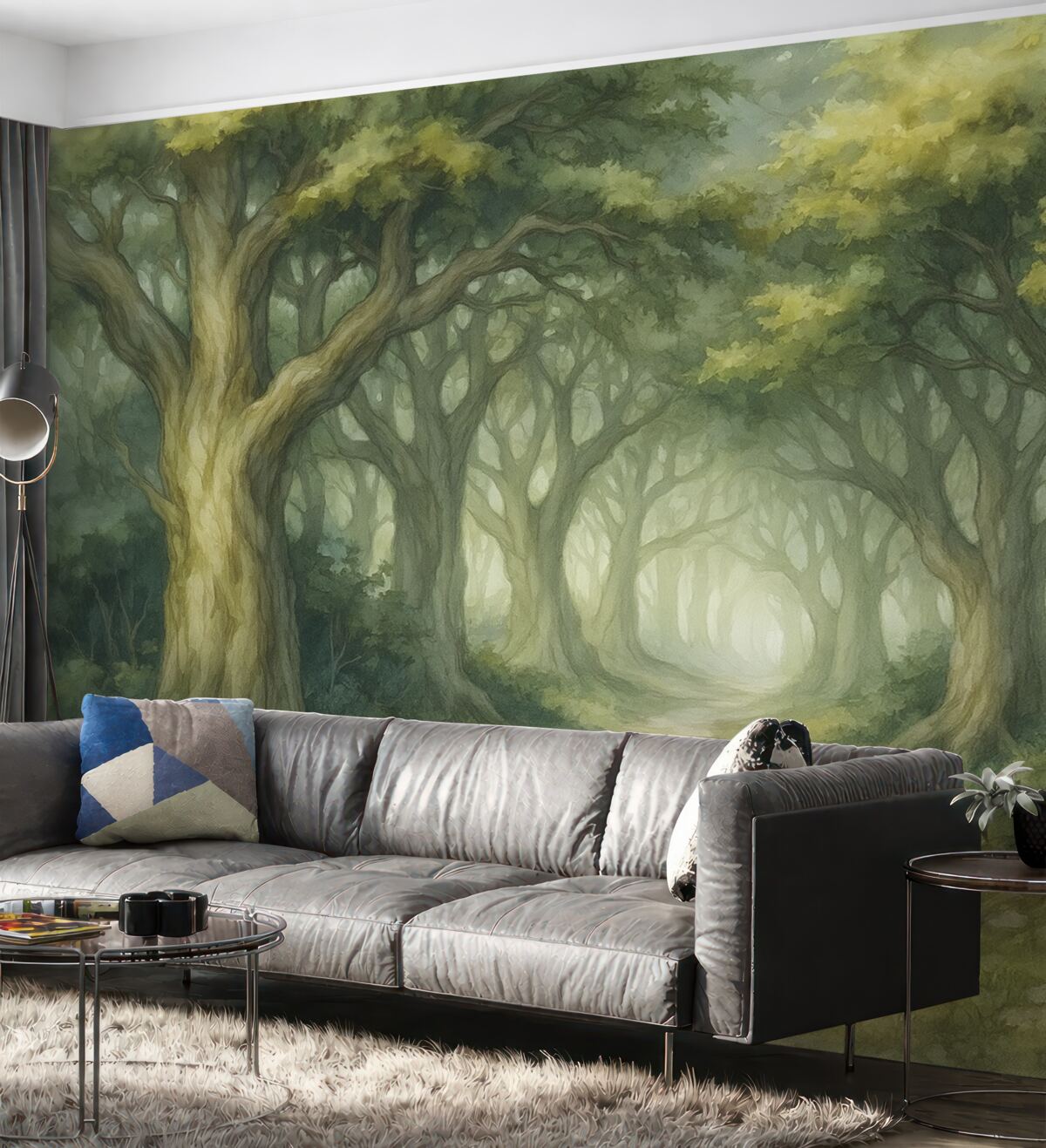 Fototapeta Las z wysokimi drzewami, zielona paleta, obraz w stylu akwareli.