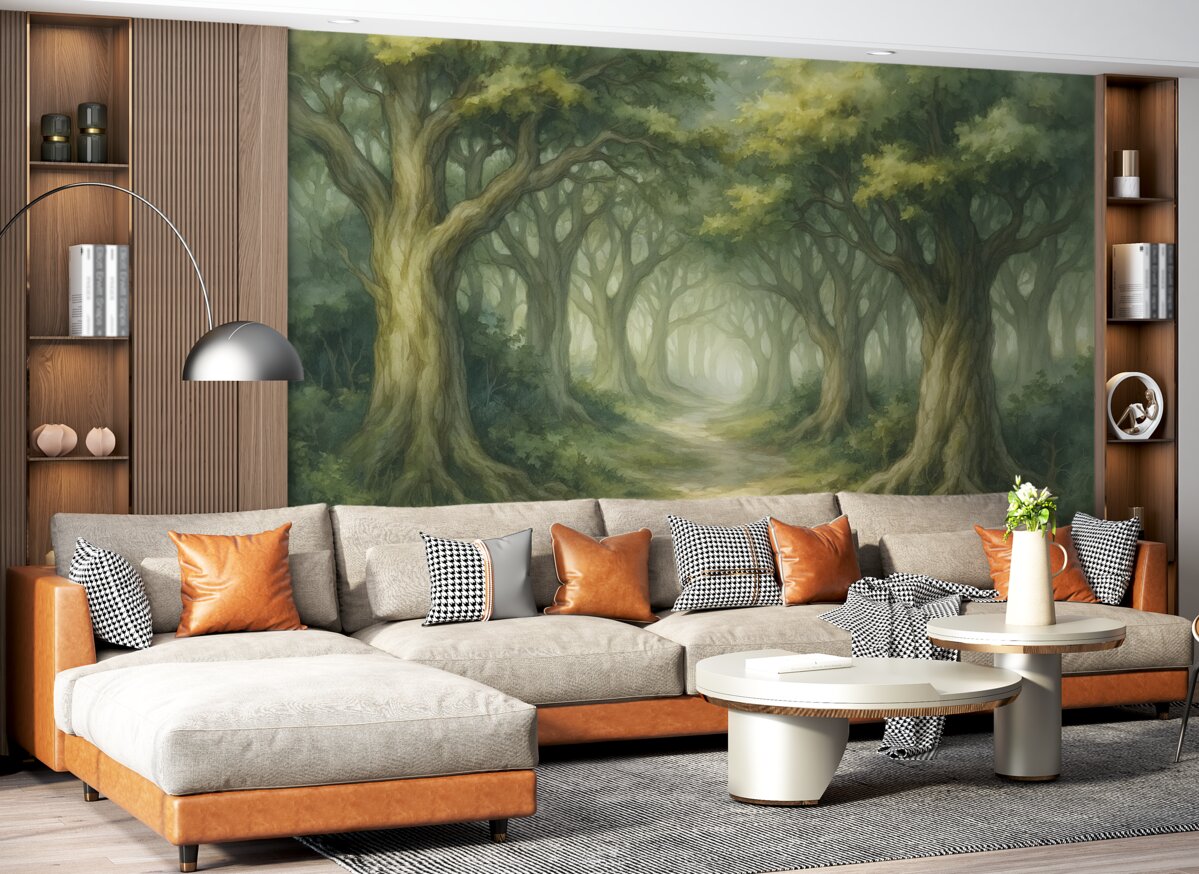 Fototapeta Las z wysokimi drzewami, zielona paleta, obraz w stylu akwareli.