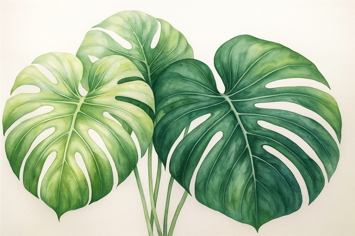 Fototapeta Ogromne liście monstery, rośliny z tropików, ilustracja w technice akwareli, odcienie zieleni.