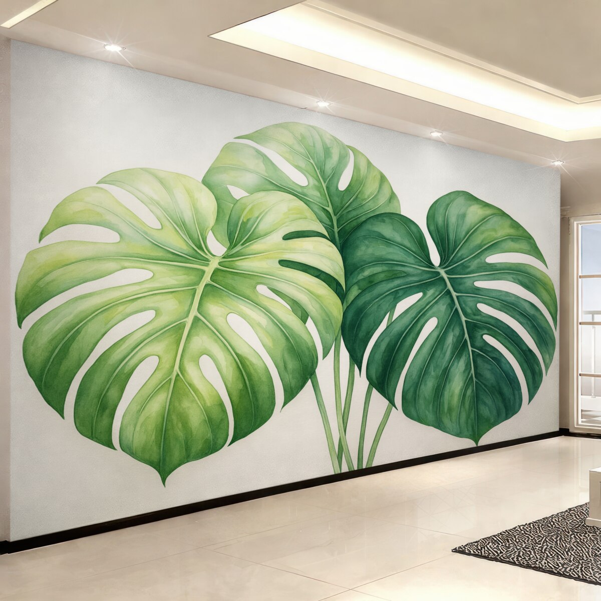 Fototapeta Ogromne liście monstery, rośliny z tropików, ilustracja w technice akwareli, odcienie zieleni.