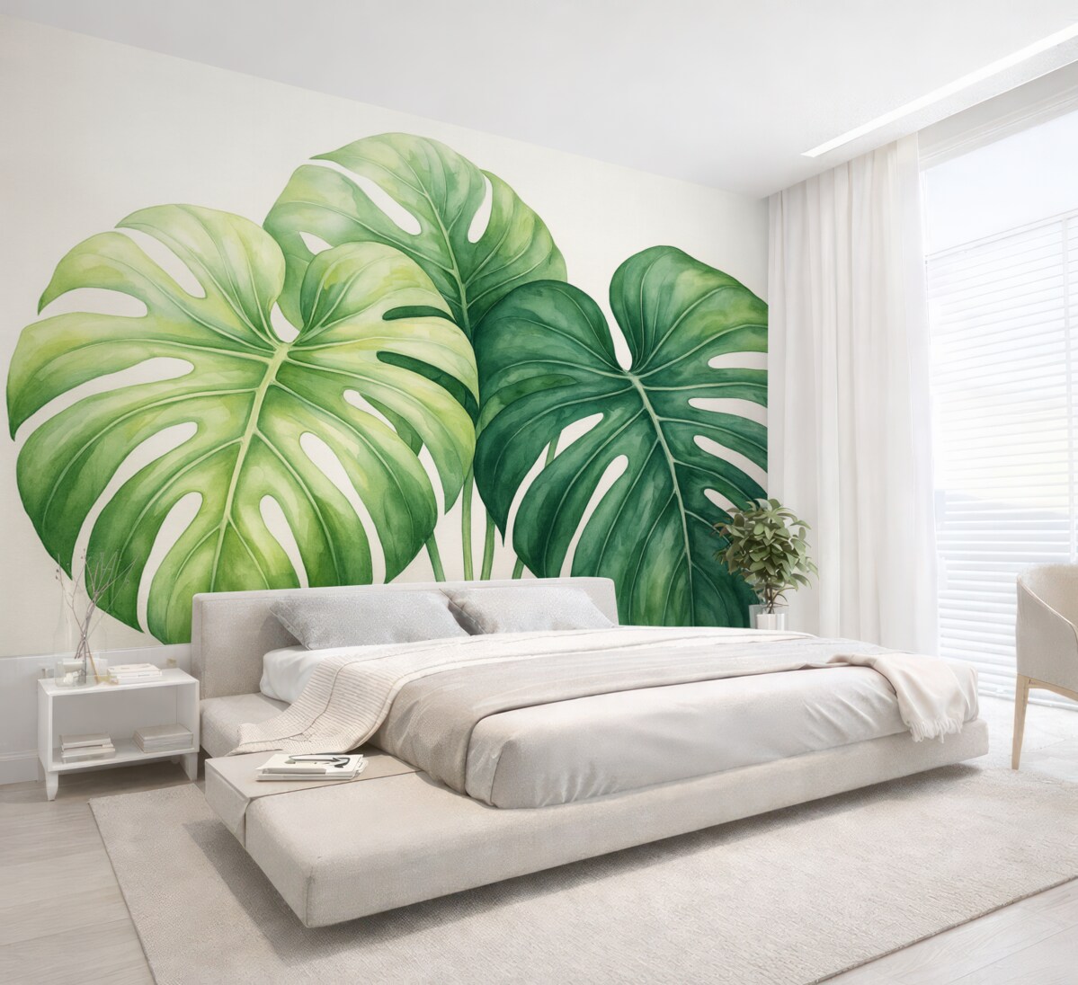 Fototapeta Ogromne liście monstery, rośliny z tropików, ilustracja w technice akwareli, odcienie zieleni.