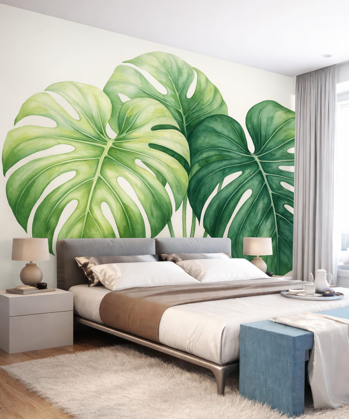 Fototapeta Ogromne liście monstery, rośliny z tropików, ilustracja w technice akwareli, odcienie zieleni.