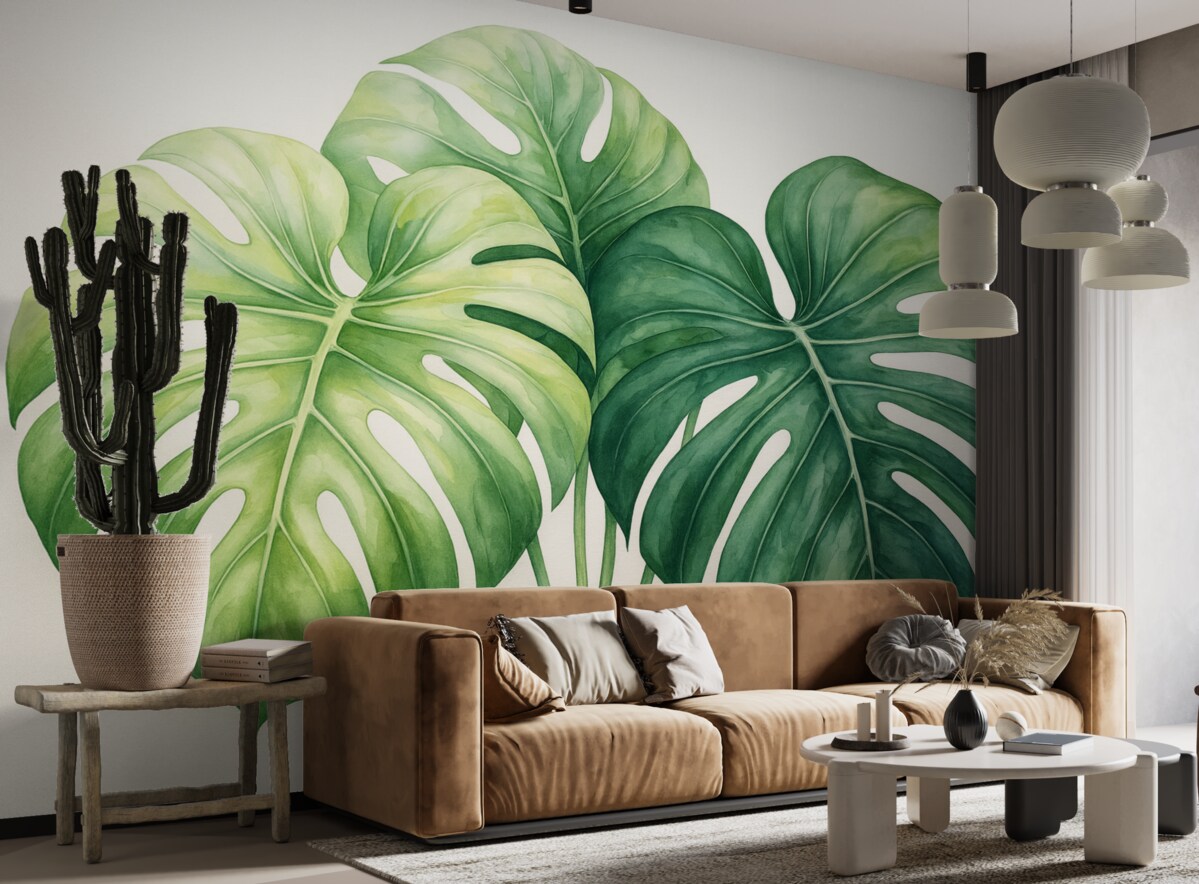 Fototapeta Ogromne liście monstery, rośliny z tropików, ilustracja w technice akwareli, odcienie zieleni.