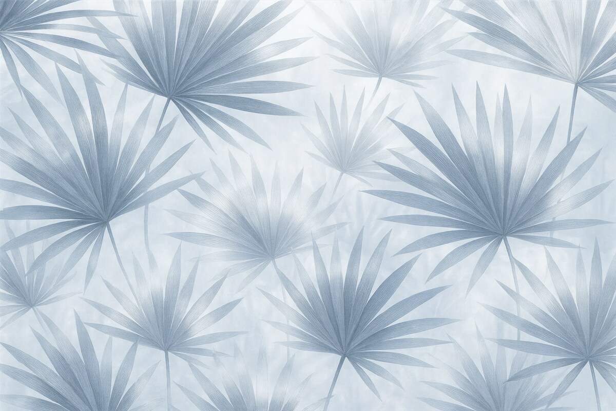 Fototapeta Liście palmowe, motyw kwiatowy, prostota, tropikalne, błękitne odcienie.