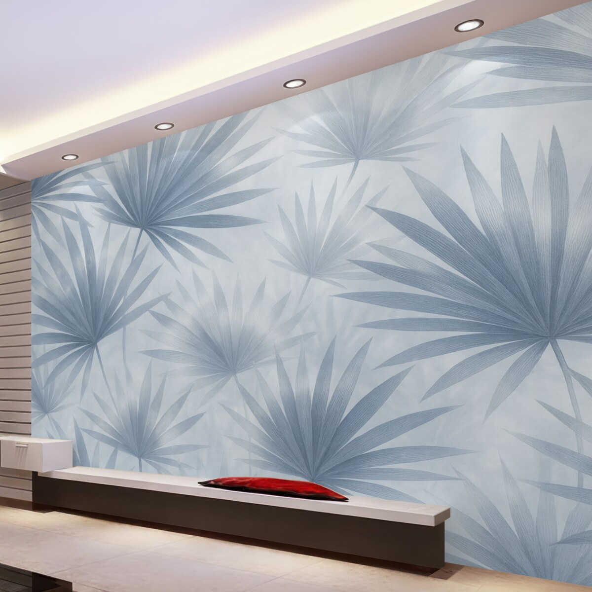 Fototapeta Liście palmowe, motyw kwiatowy, prostota, tropikalne, błękitne odcienie.