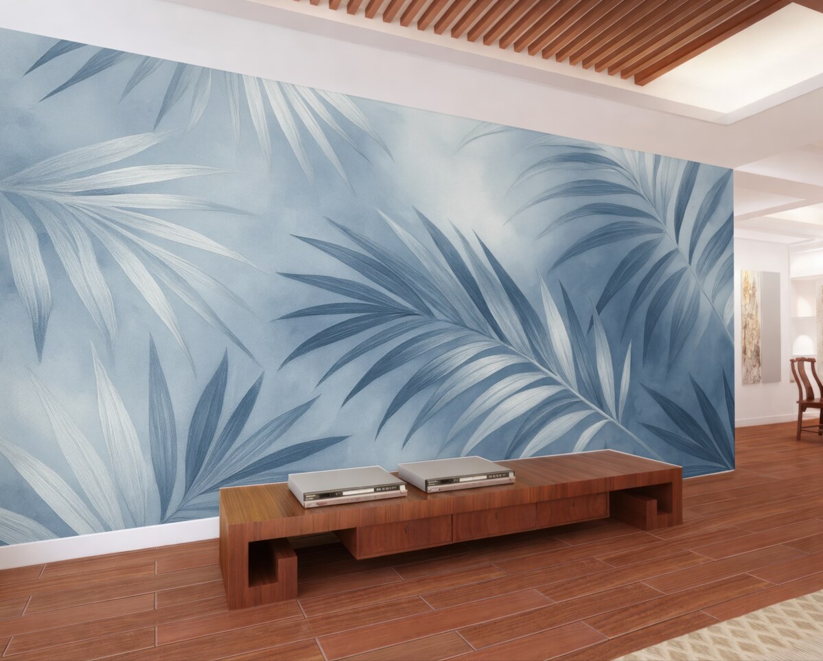 Fototapeta Abstrakcja tropikalnych liści, palma, niebieska gama kolorów.