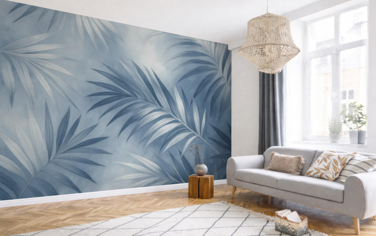 Fototapeta Abstrakcja tropikalnych liści, palma, niebieska gama kolorów.