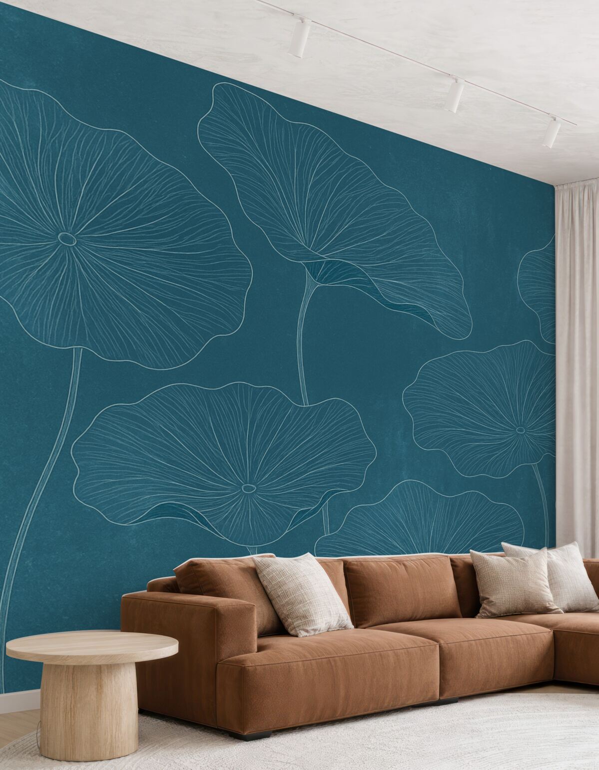 Fototapeta Sylwetki wyszukanych liści lotosu na fakturowanym tle w intensywnych odcieniach niebieskiego.