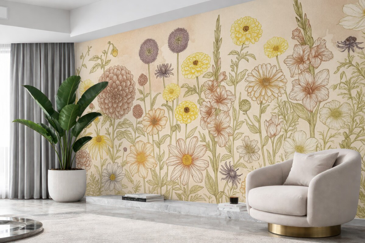 Fototapeta Romantyczna grafika roślinna z łąkowymi kwiatami w delikatnych tonach.