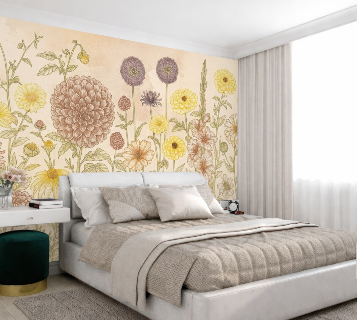 Fototapeta Romantyczna grafika roślinna z łąkowymi kwiatami w delikatnych tonach.