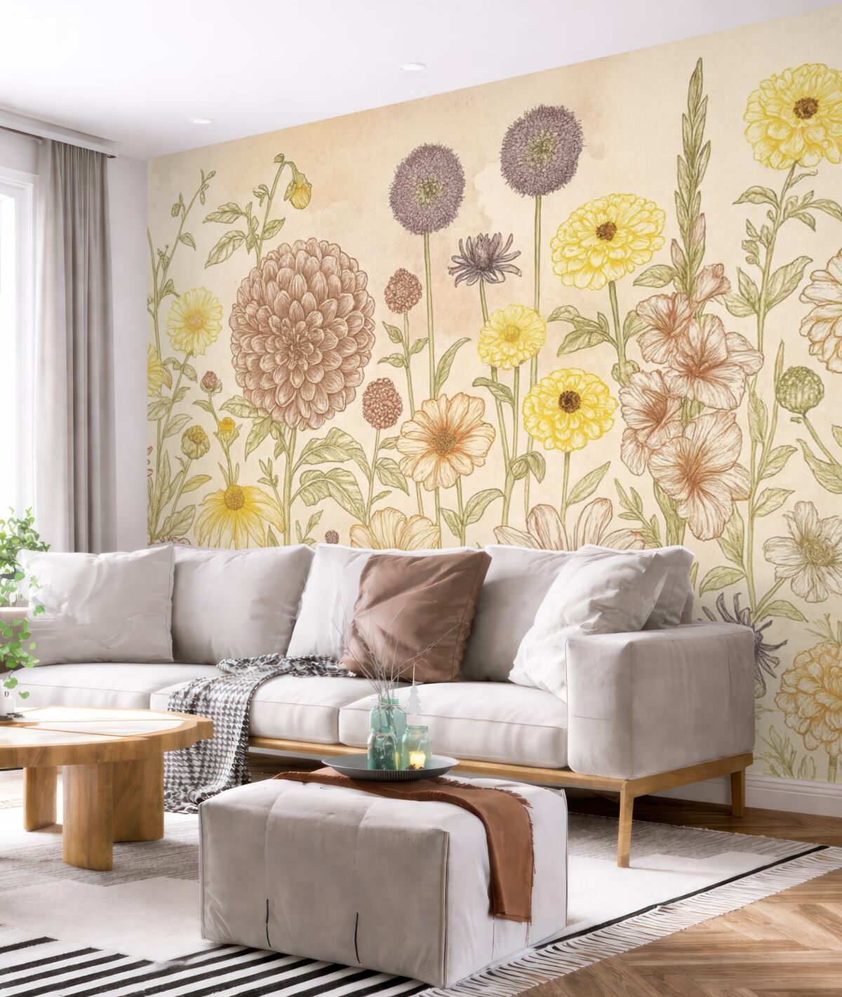 Fototapeta Romantyczna grafika roślinna z łąkowymi kwiatami w delikatnych tonach.