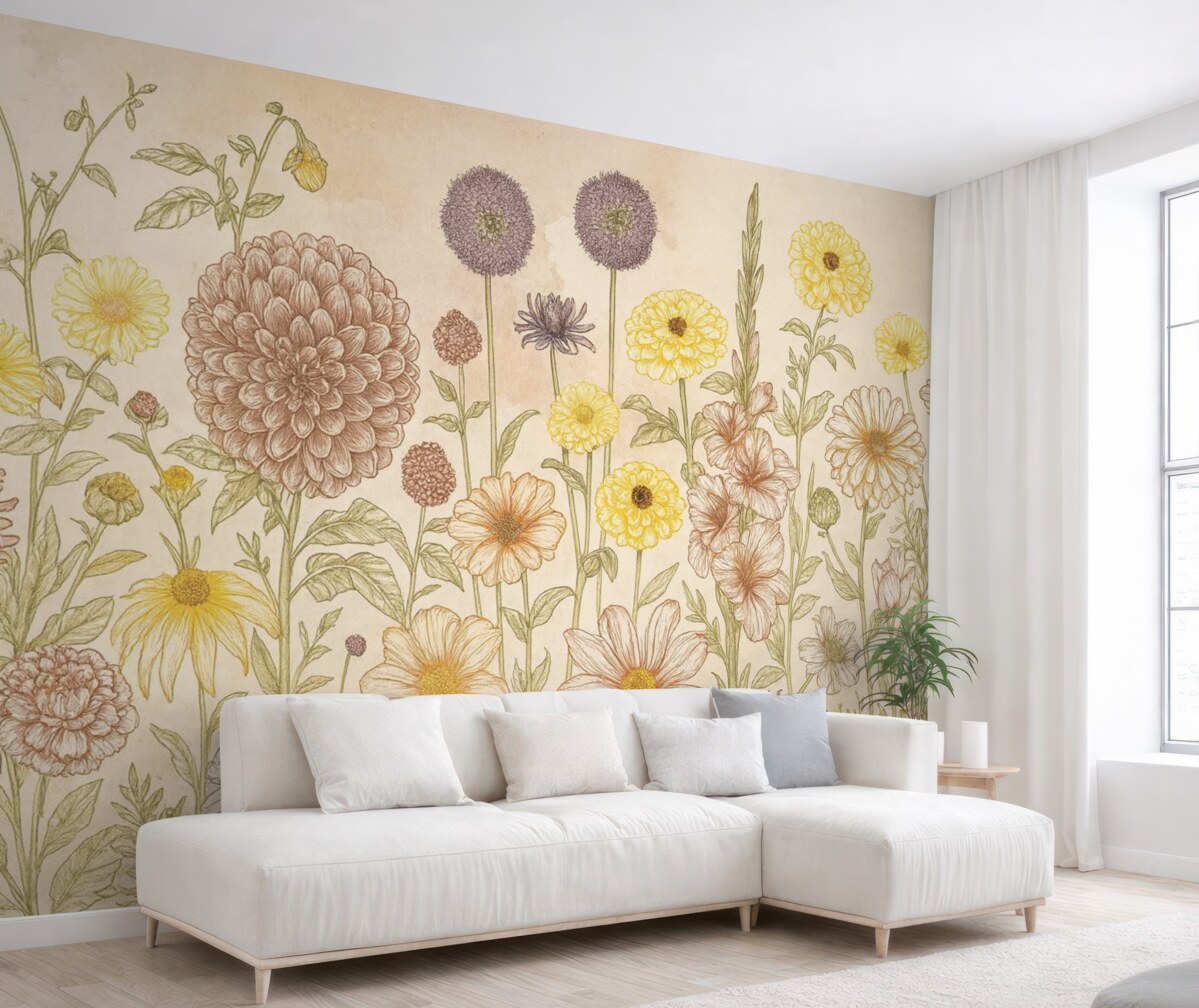 Fototapeta Romantyczna grafika roślinna z łąkowymi kwiatami w delikatnych tonach.