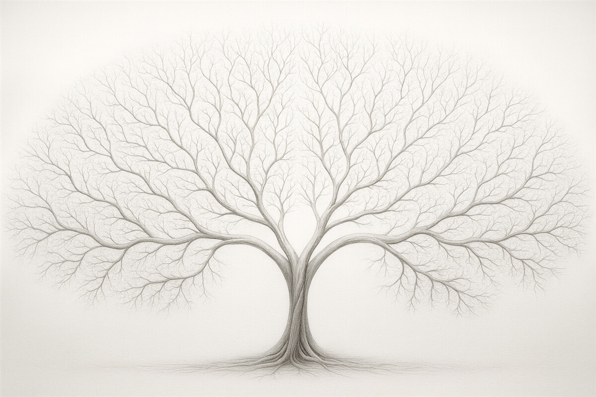 Fototapeta Minimalistyczny obrazek drzewa z subtelnymi gałęziami na jasnej powierzchni.