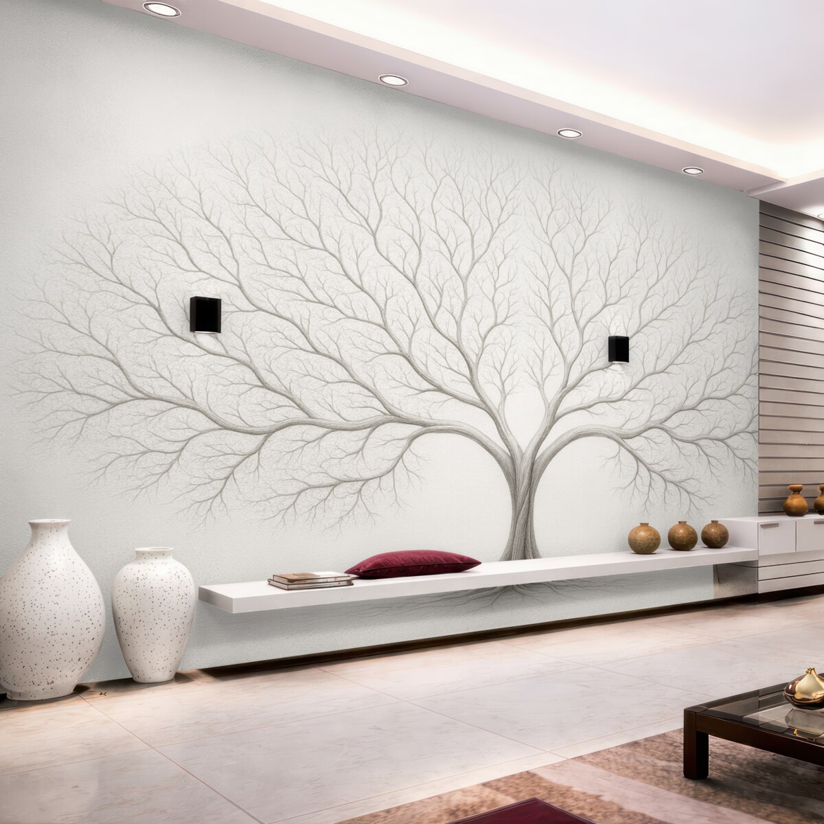 Fototapeta Minimalistyczny obrazek drzewa z subtelnymi gałęziami na jasnej powierzchni.