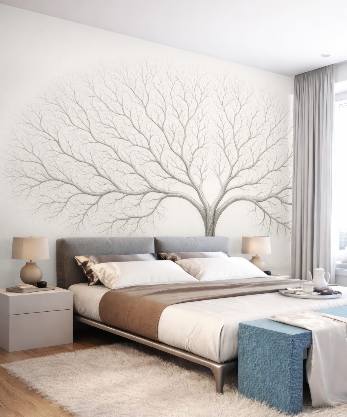 Fototapeta Minimalistyczny obrazek drzewa z subtelnymi gałęziami na jasnej powierzchni.