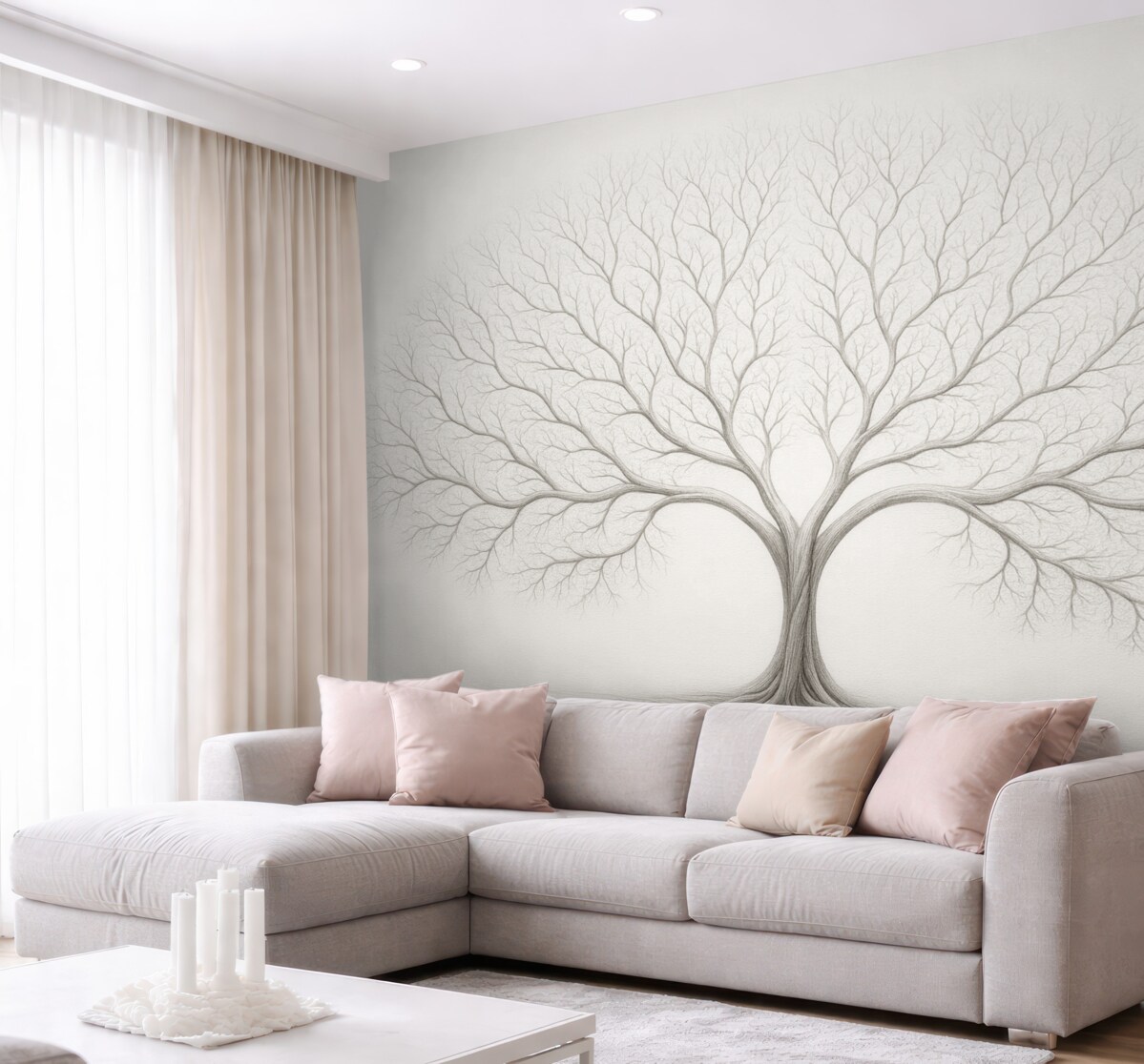 Fototapeta Minimalistyczny obrazek drzewa z subtelnymi gałęziami na jasnej powierzchni.