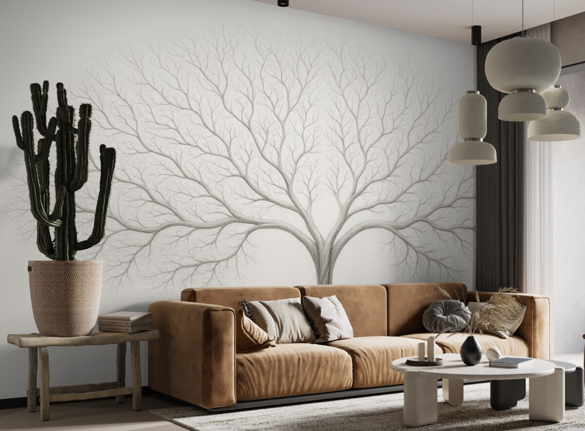 Fototapeta Minimalistyczny obrazek drzewa z subtelnymi gałęziami na jasnej powierzchni.