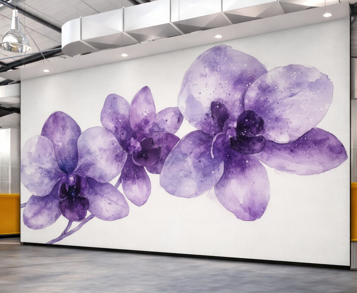 Fototapeta Kwiaty orchidei w akwarelowym stylu, purpurowe odcienie.