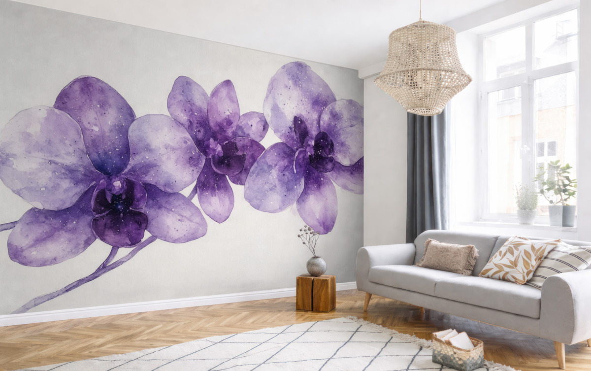 Fototapeta Kwiaty orchidei w akwarelowym stylu, purpurowe odcienie.