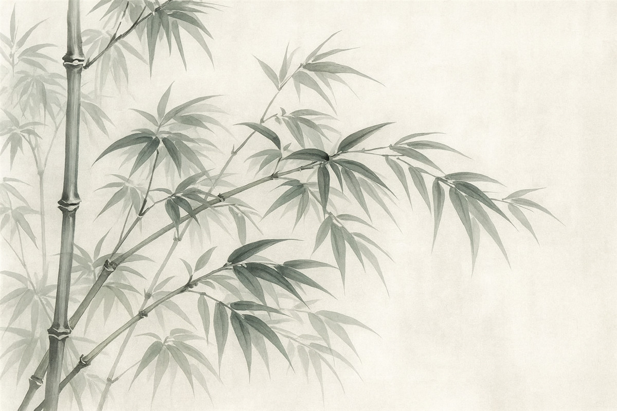 Fototapeta Liście bambusa na jasnym, plamkowanym tle przypominającym akwarelę.