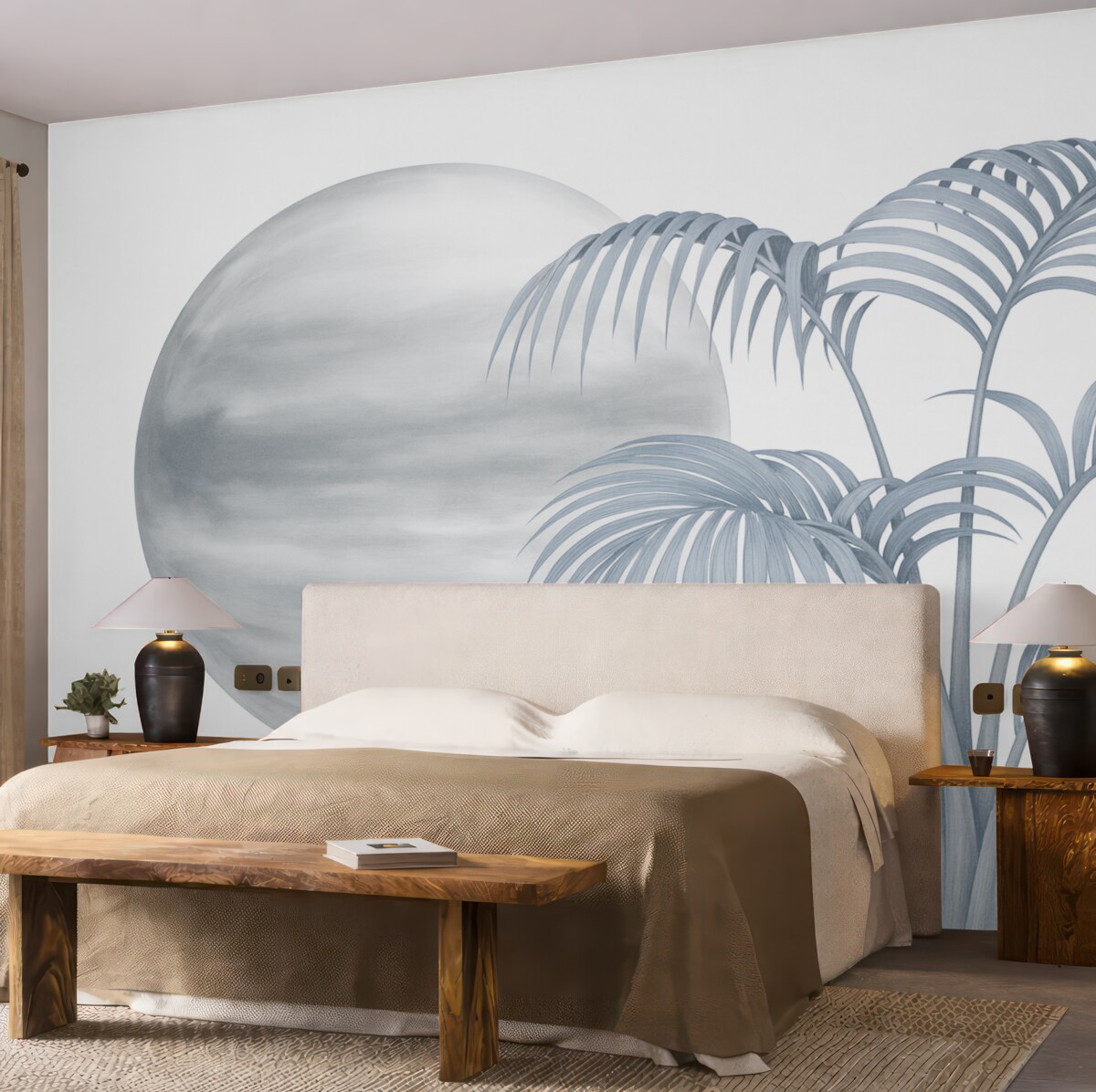 Fototapeta Palma na tle w punktach, odcień szaro-niebieski.