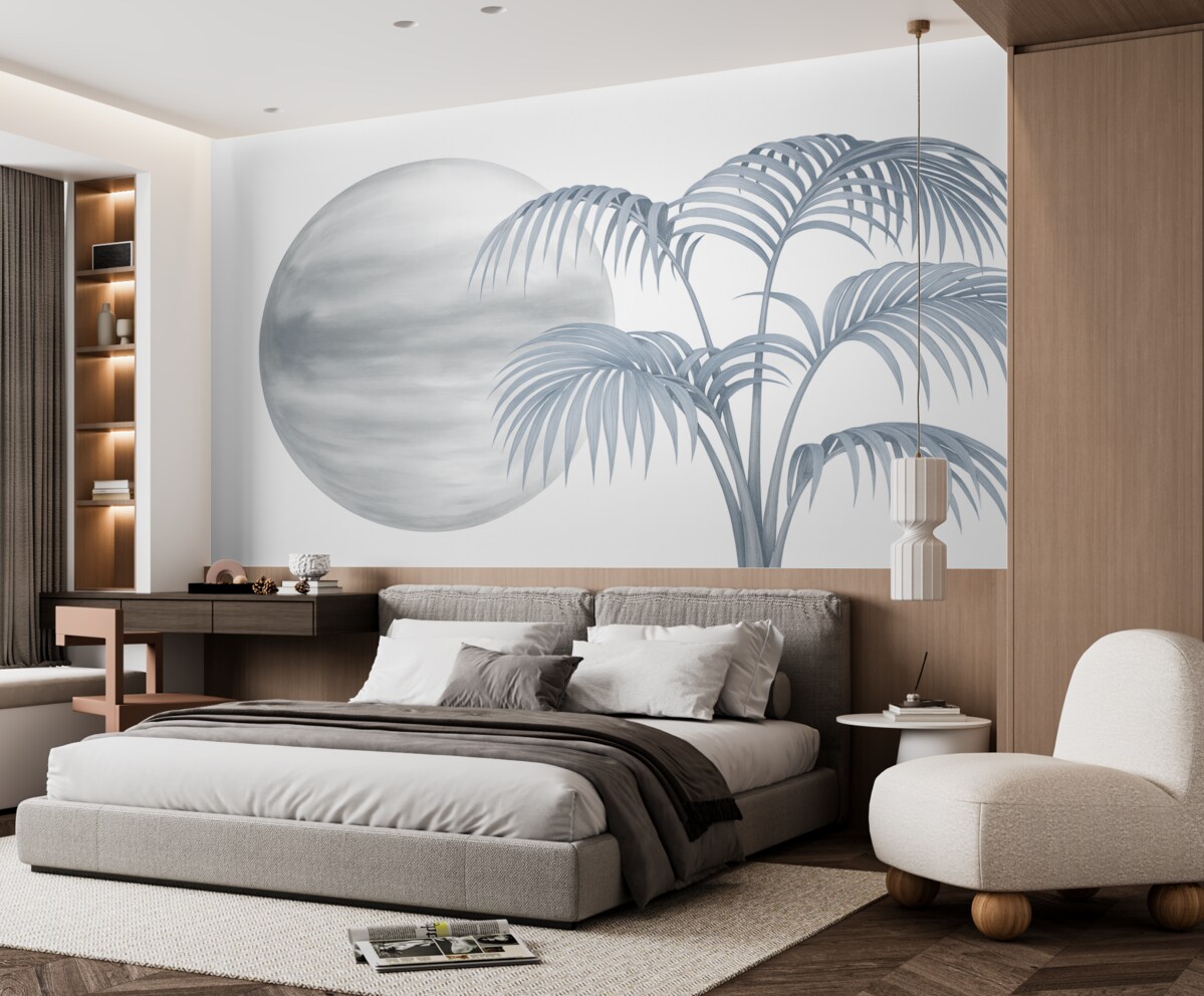 Fototapeta Palma na tle w punktach, odcień szaro-niebieski.