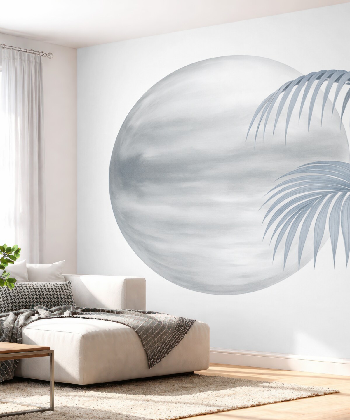 Fototapeta Palma na tle w punktach, odcień szaro-niebieski.