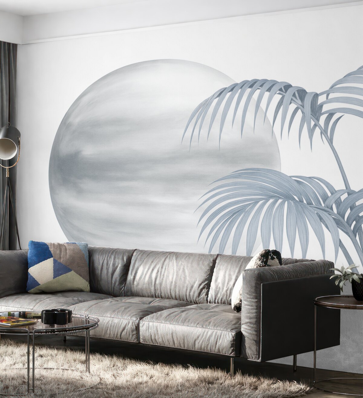Fototapeta Palma na tle w punktach, odcień szaro-niebieski.