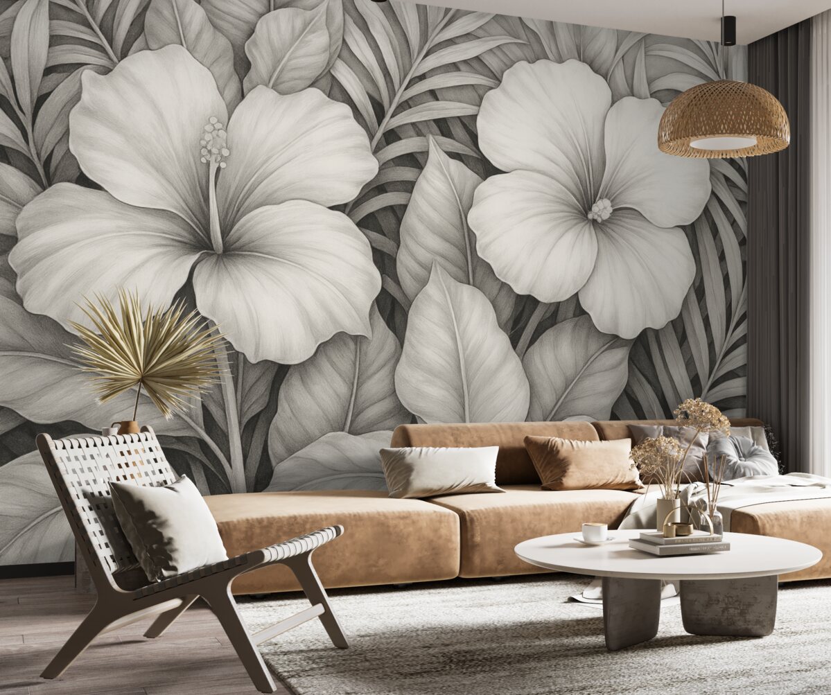 Fototapeta Tropikalne liście oraz kwiaty.