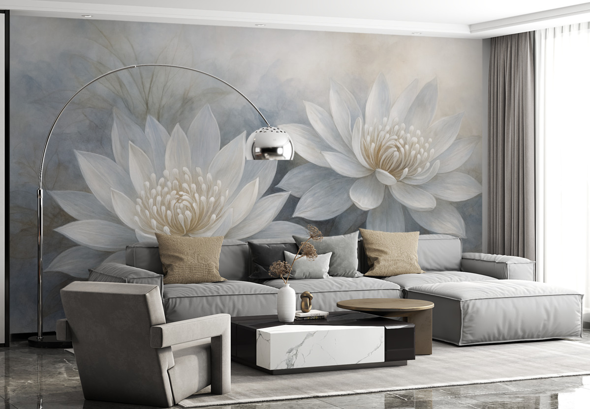 Fototapeta Zestaw akwarelowych kwiatów na ścianie w stylu grunge.