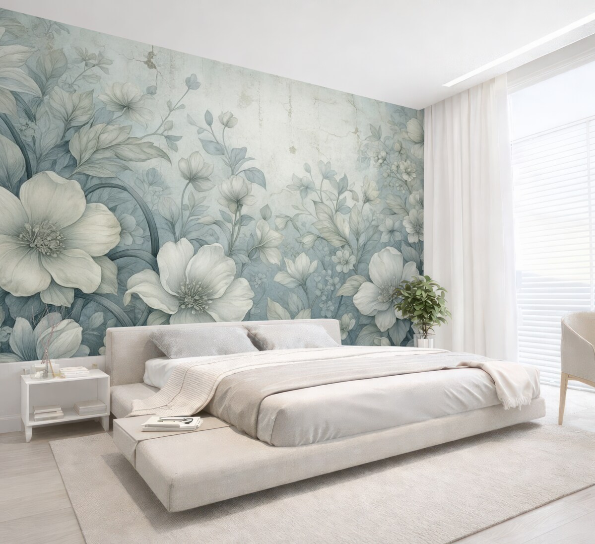 Fototapeta Fantazyjnie przedstawione kwiaty na murze.