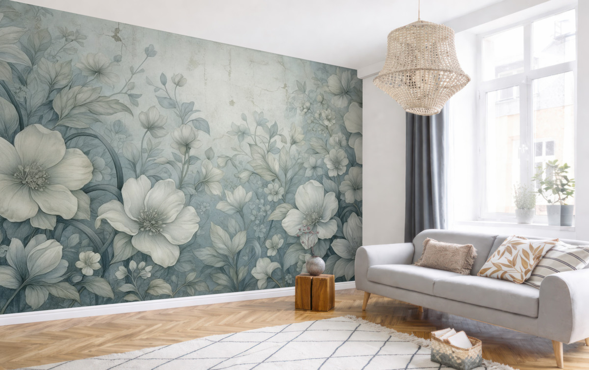 Fototapeta Fantazyjnie przedstawione kwiaty na murze.