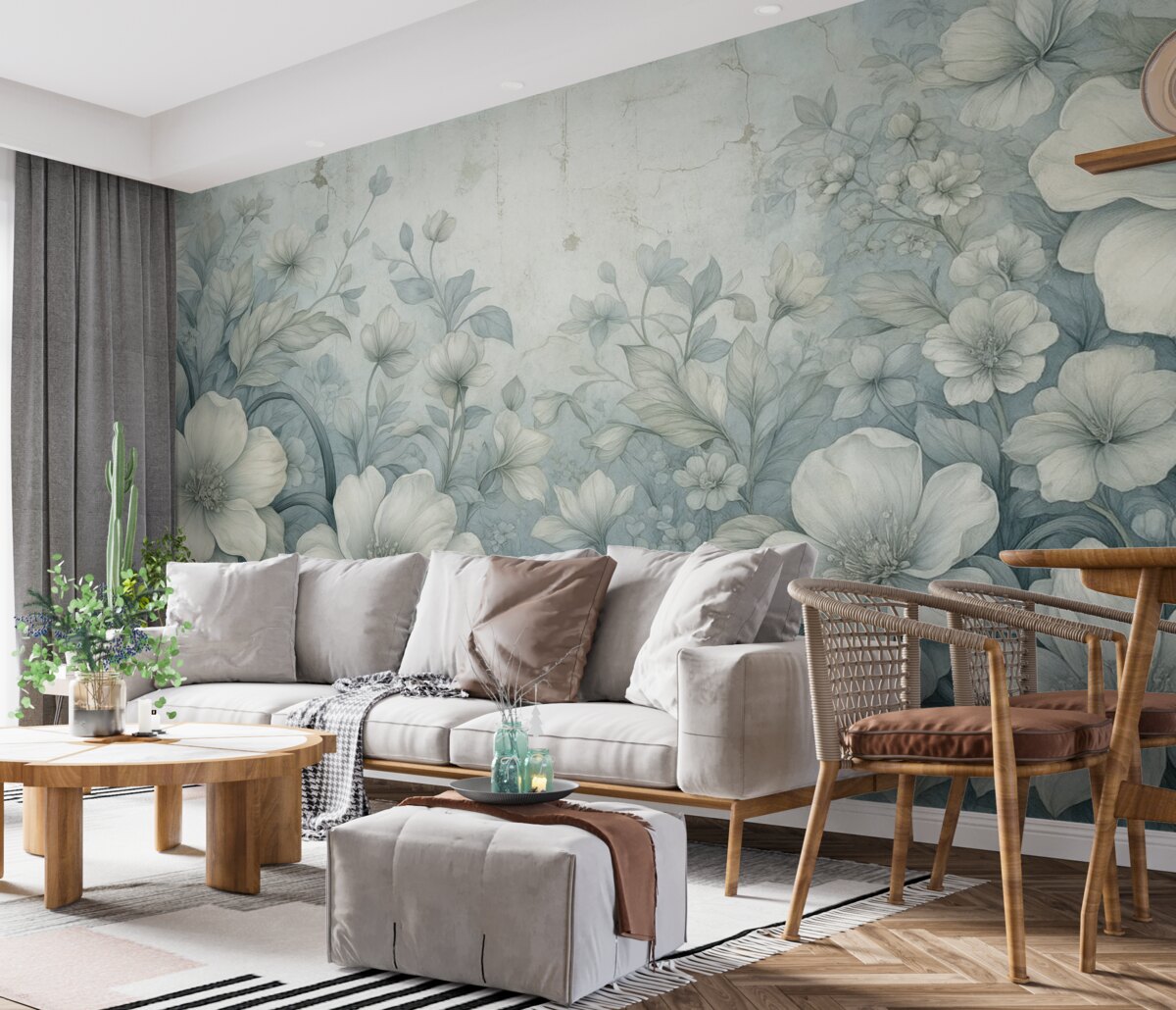 Fototapeta Fantazyjnie przedstawione kwiaty na murze.