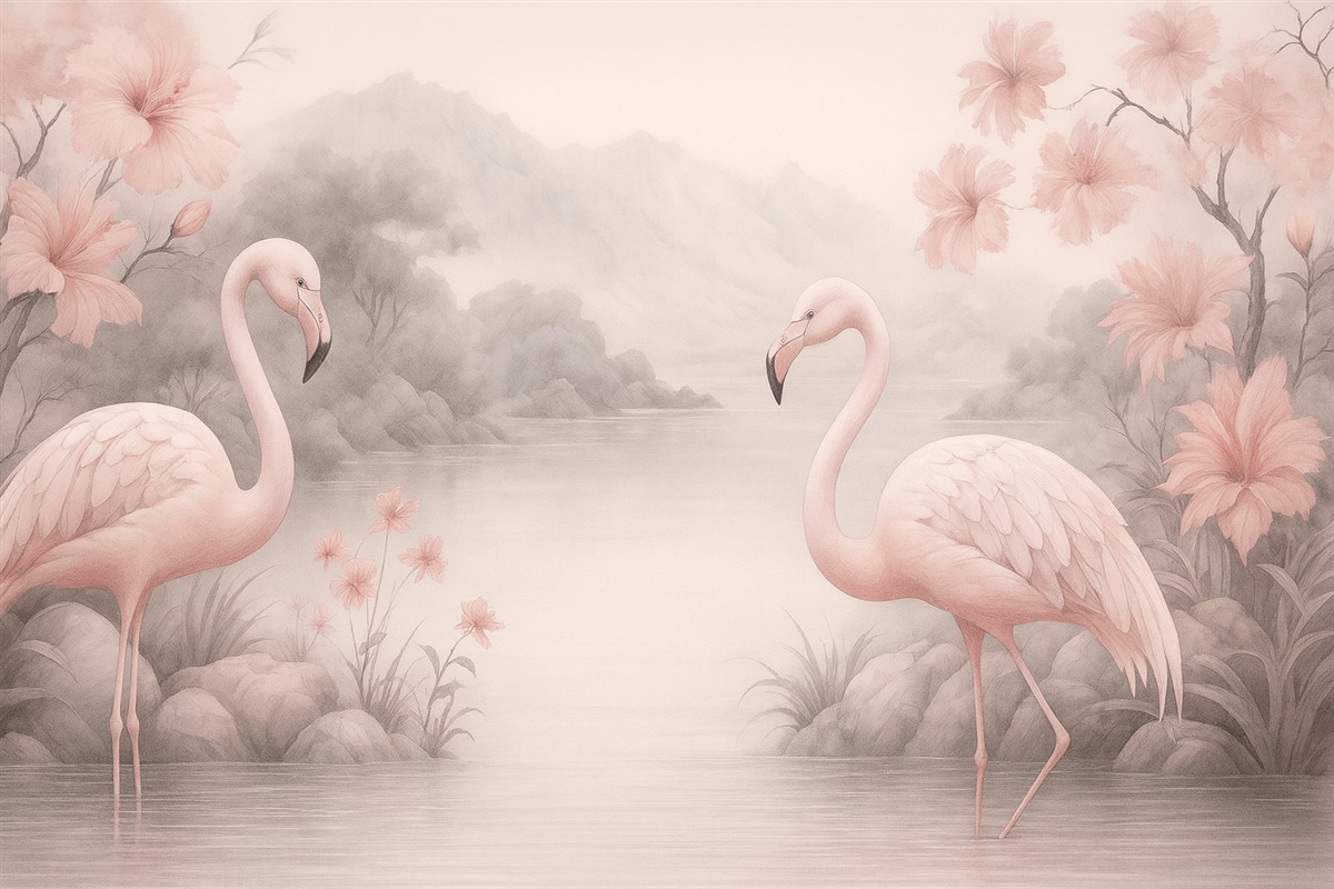 Fototapeta Dwa flamingi namalowane akwarelą w wodzie.