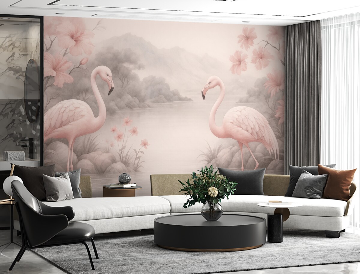 Fototapeta Dwa flamingi namalowane akwarelą w wodzie.