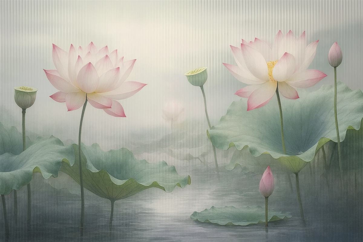 Fototapeta Widok kwiatów lotosu za oknem.