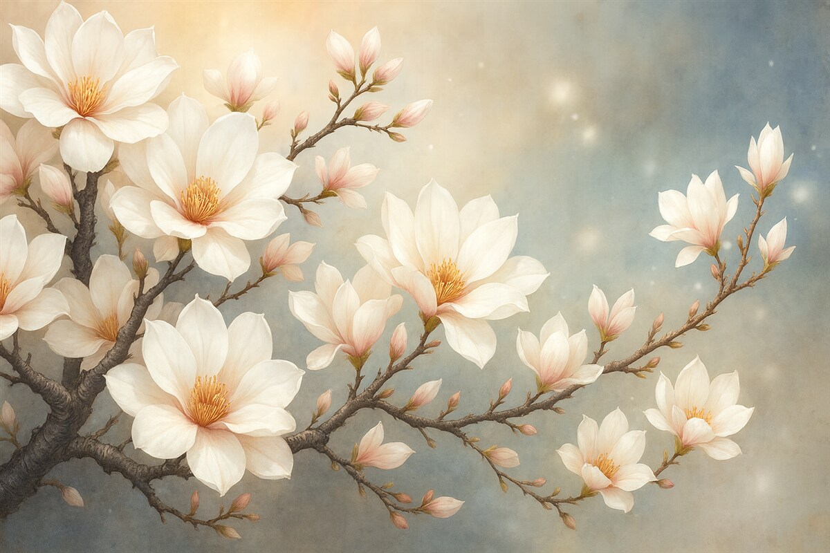 Fototapeta Abstrakcyjnie przedstawiona kwitnąca gałązka.