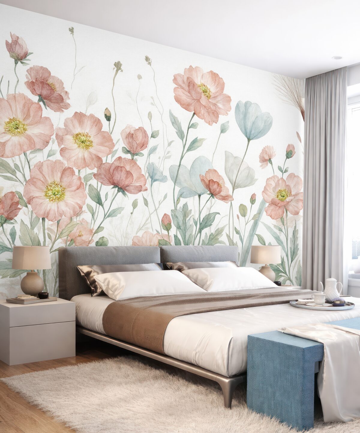 Fototapeta Pejzaż kwiatów w akwarelowym tańcu na jasnym tle.