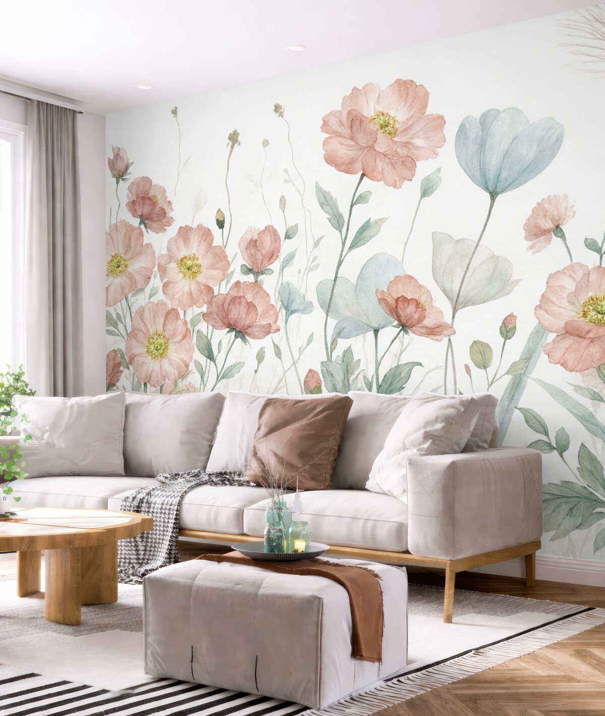 Fototapeta Pejzaż kwiatów w akwarelowym tańcu na jasnym tle.