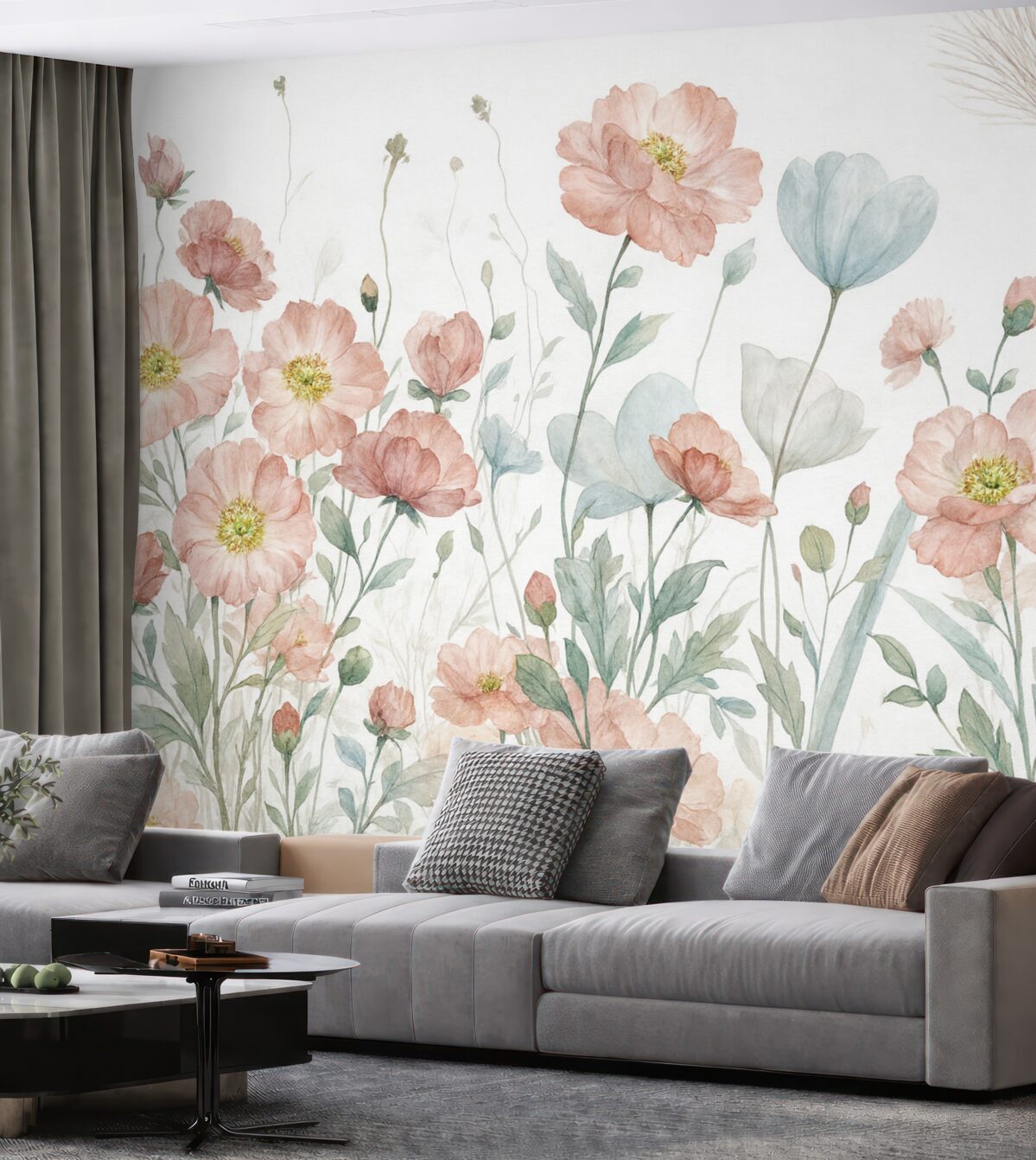 Fototapeta Pejzaż kwiatów w akwarelowym tańcu na jasnym tle.