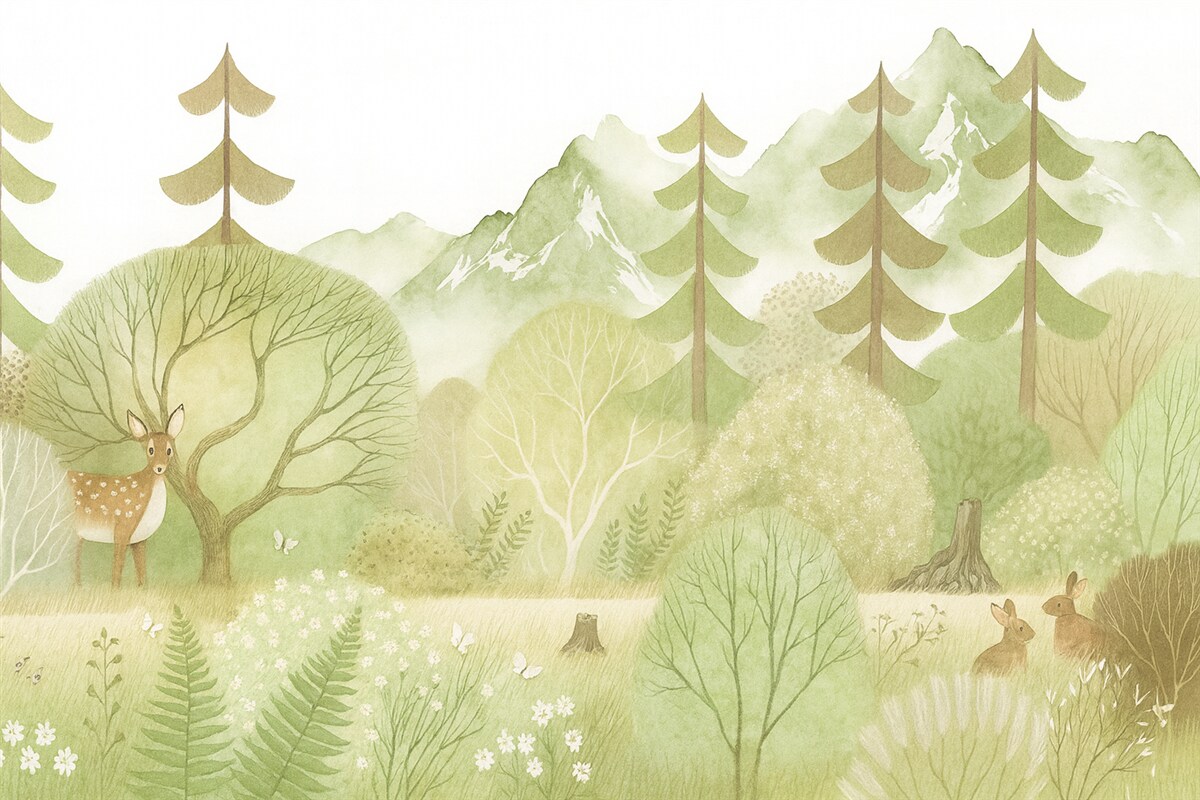 Fototapeta Cichy leśny pejzaż w pastelowych tonach.