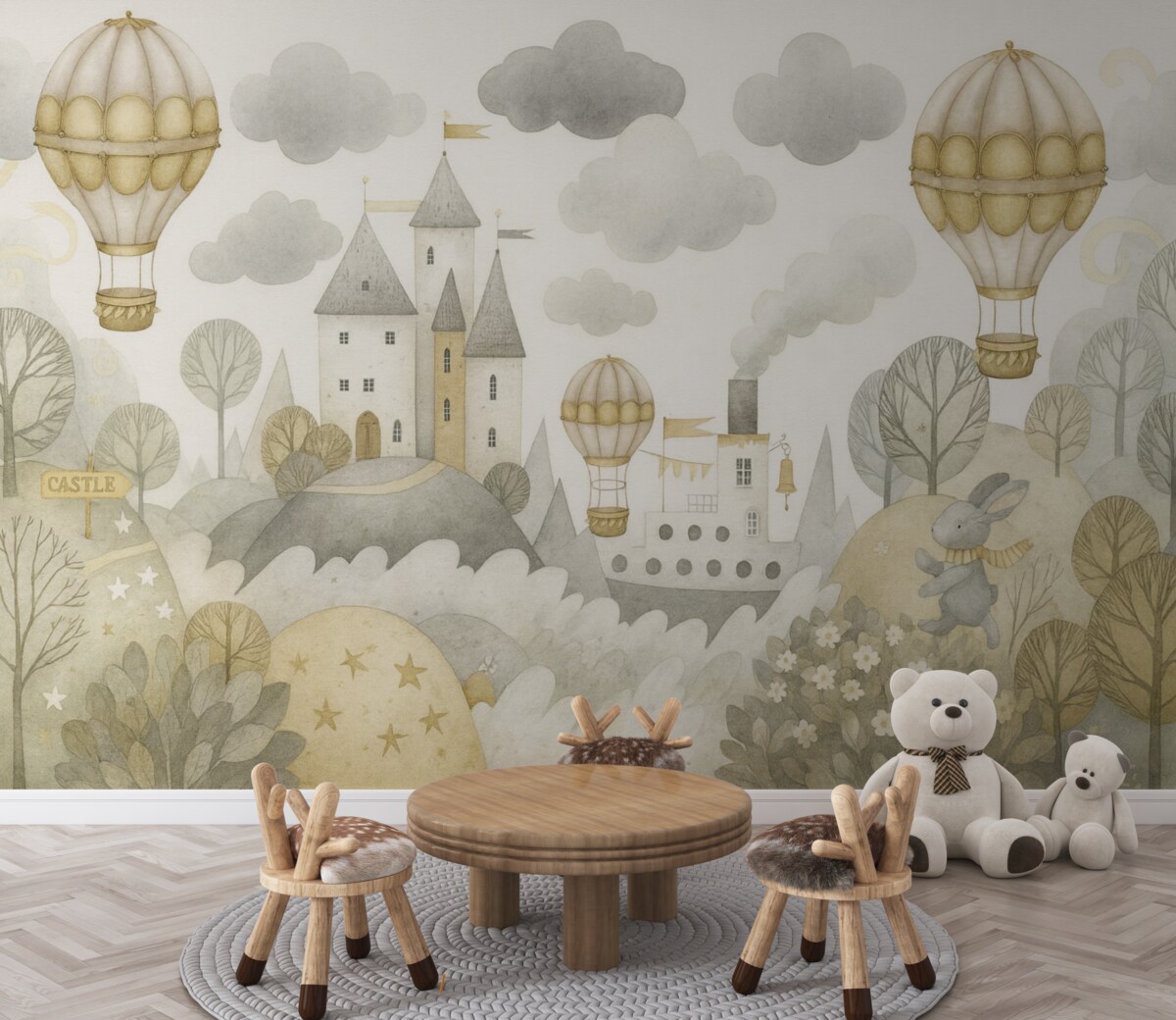 Fototapeta Balony na gorące powietrze unoszą się nad bajkowym miasteczkiem.