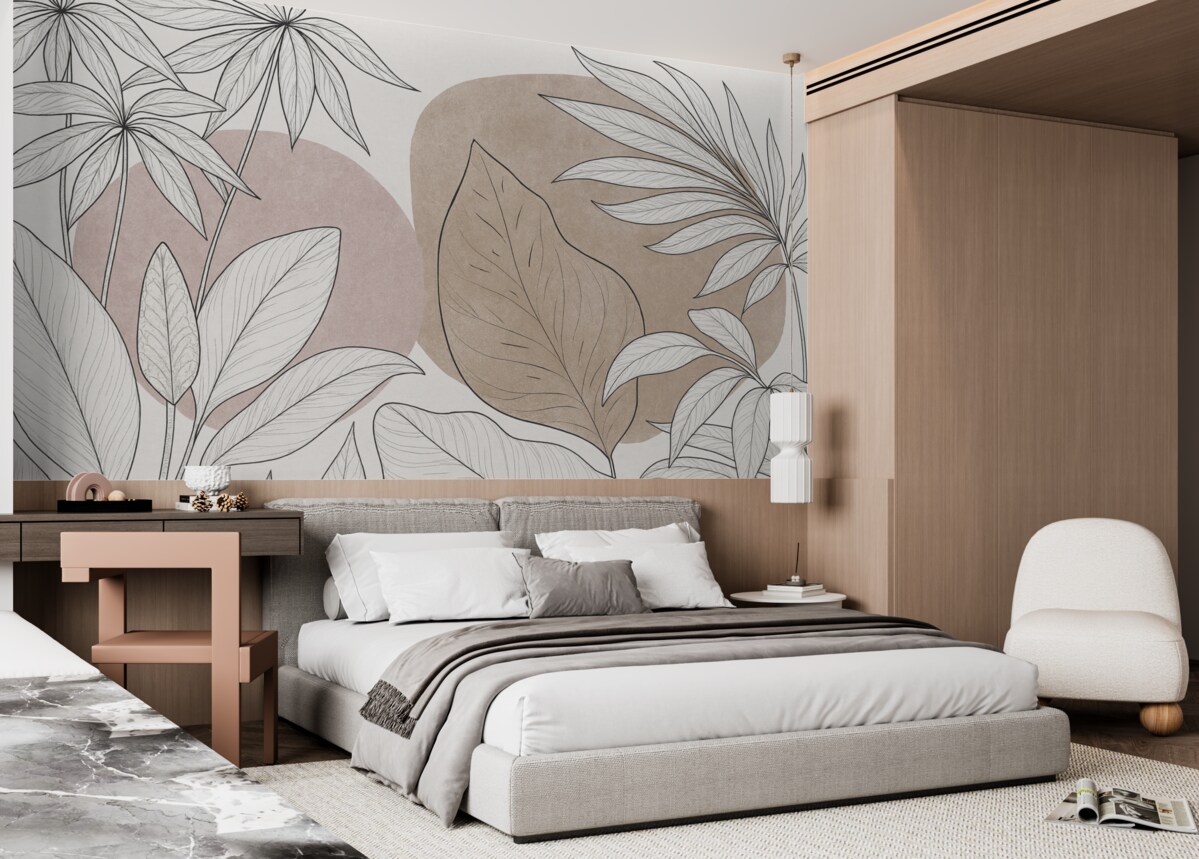 Fototapeta Rysunek linii roślin na tle plam kolorów.