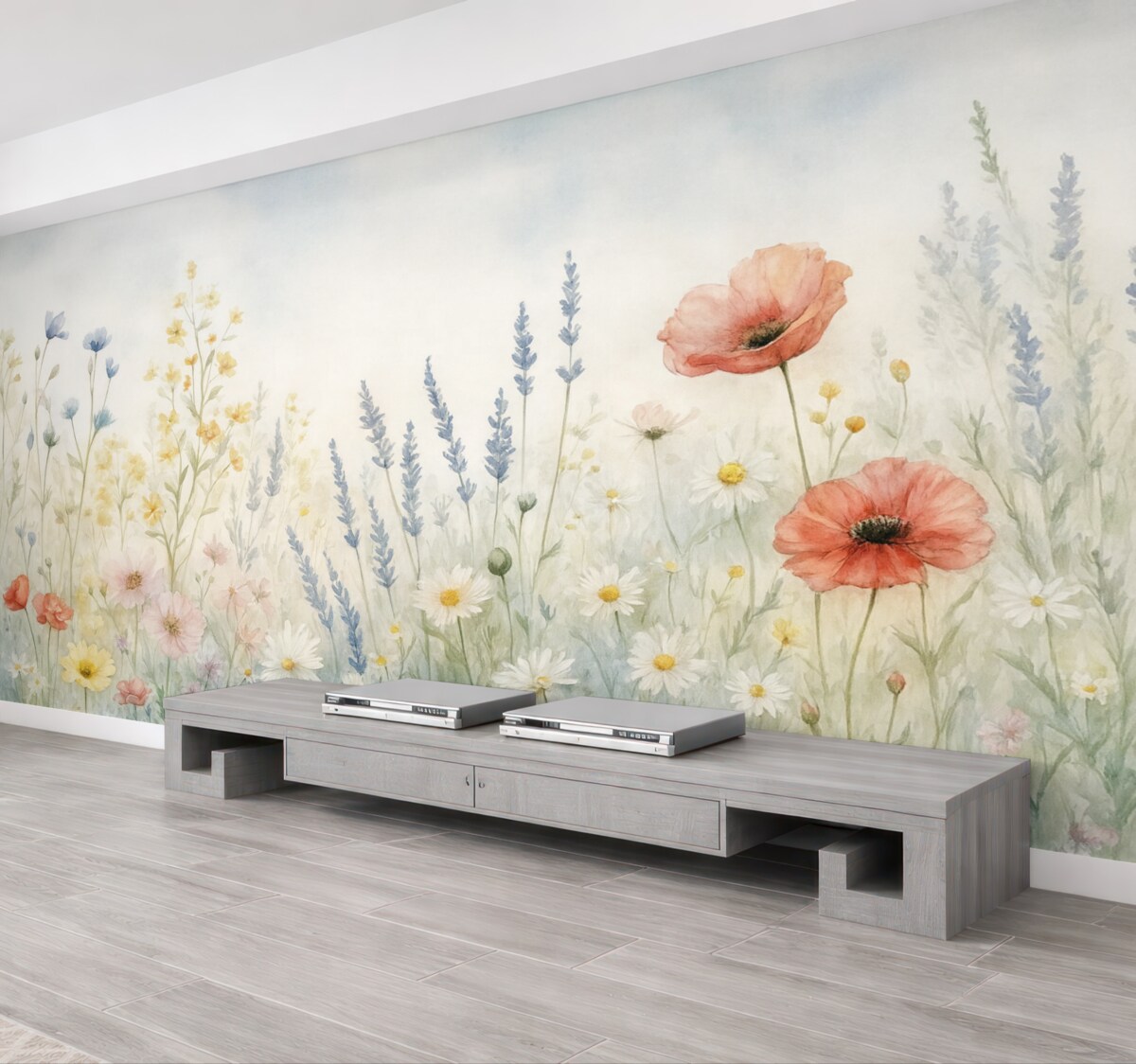 Fototapeta Kwiaty polne oraz maki w technice pociągnięć.